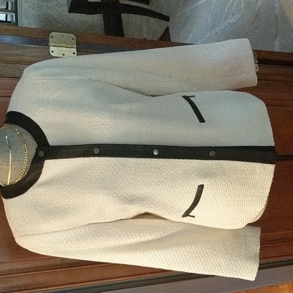 Summer ivory tweed jacket with faux leather trim and zipper detail on sleeves